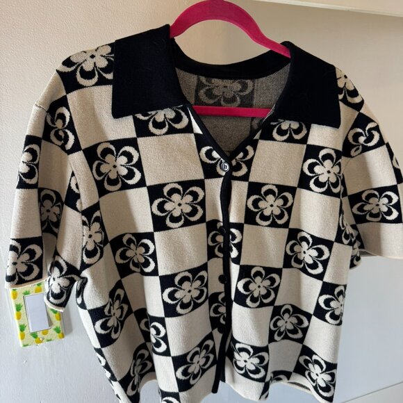Cider Black & White Checkerboard Floral Knit Button-Down Polo – Size 3XL - Picture 5 of 10